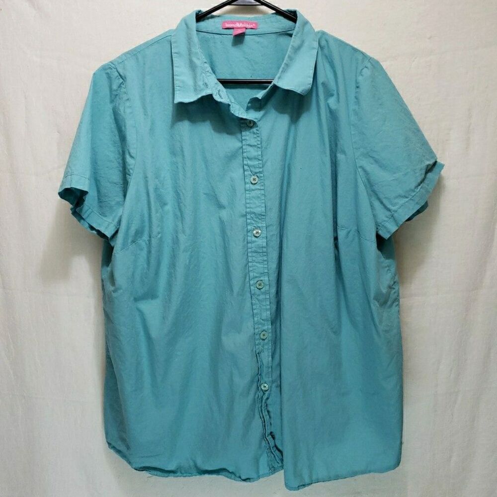 Women Within Sz 1X 22/24 Teal Blue Cotton Short Sleeve Button Up Camp Shirt